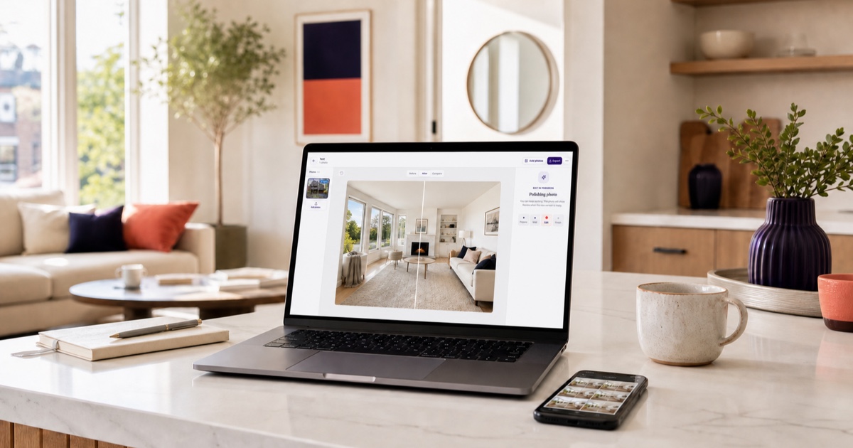 PropertyPolish web studio open on a laptop in a bright home, with a property photo shown in the editing workspace.